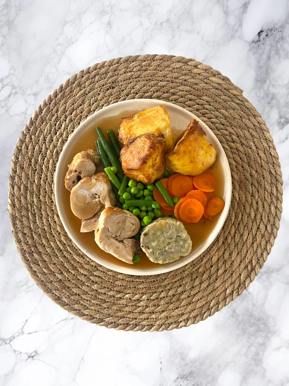 Roast Chicken with Stuffing, Gravy, Golden Potatoes & Fresh Vegetables